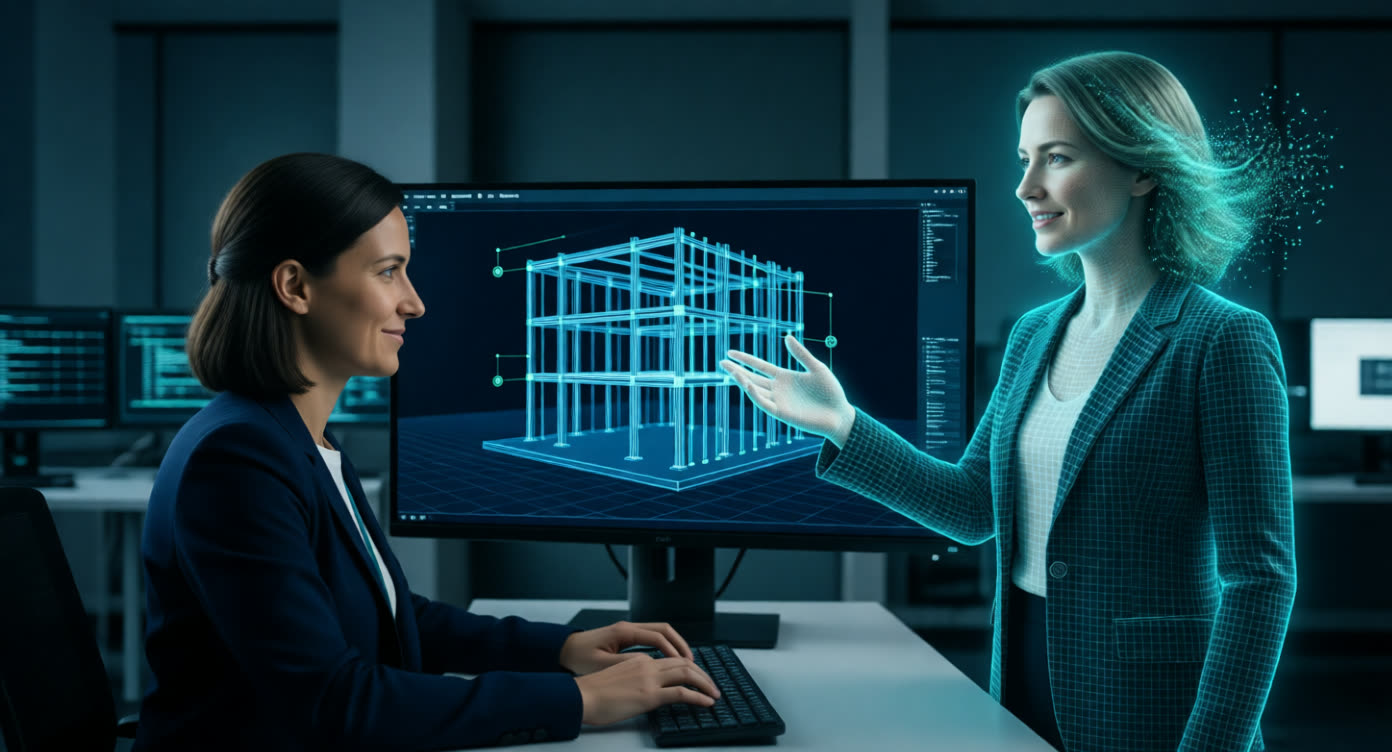 An engineer at her desk with Eva's hologram explaining a steel frame model