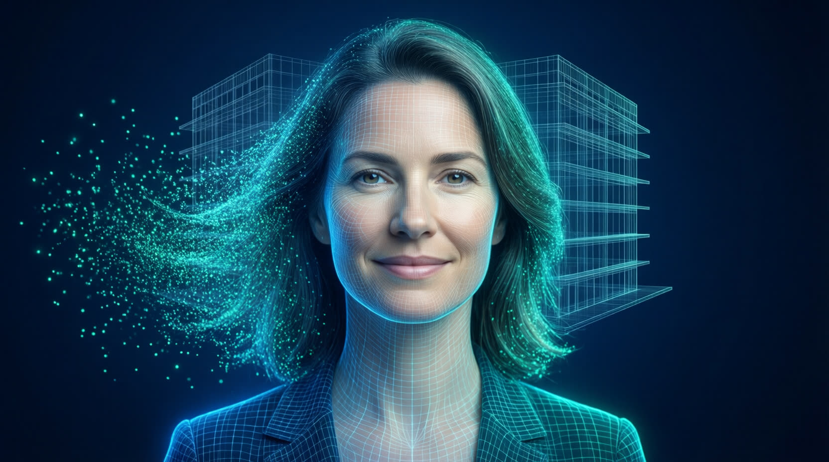 Eva's AI persona: a holographic digital woman made of light with teal particle hair
