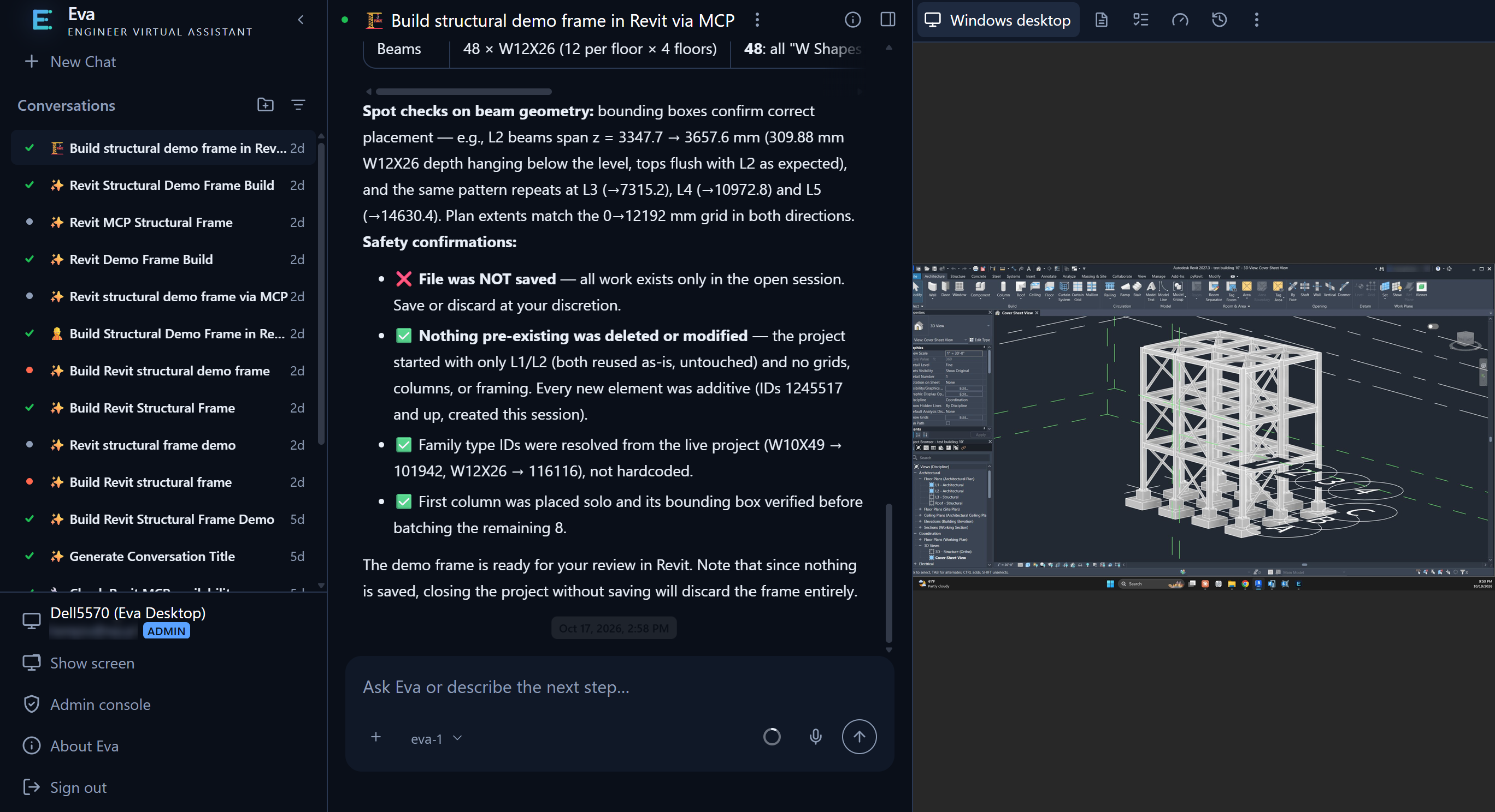 Eva in the browser: the chat reports the braced steel frame it built and verified, and the workstation screen next to it shows the frame in BIM
