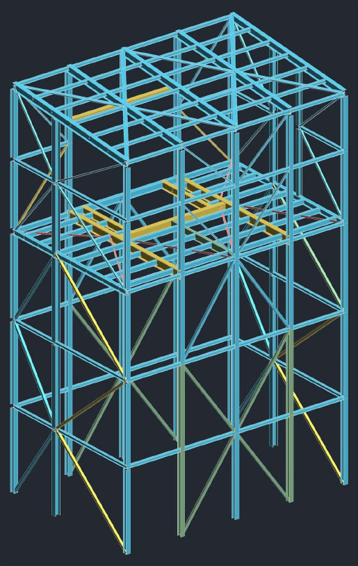 Steel frame in the BIM model coloured by FEA demand/capacity ratio