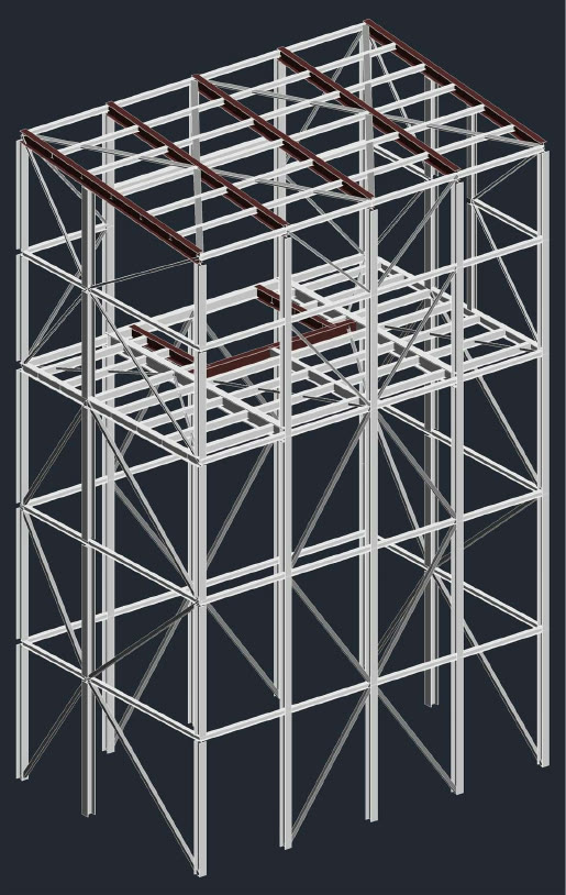 The same frame as a physical BIM model with members to replace highlighted